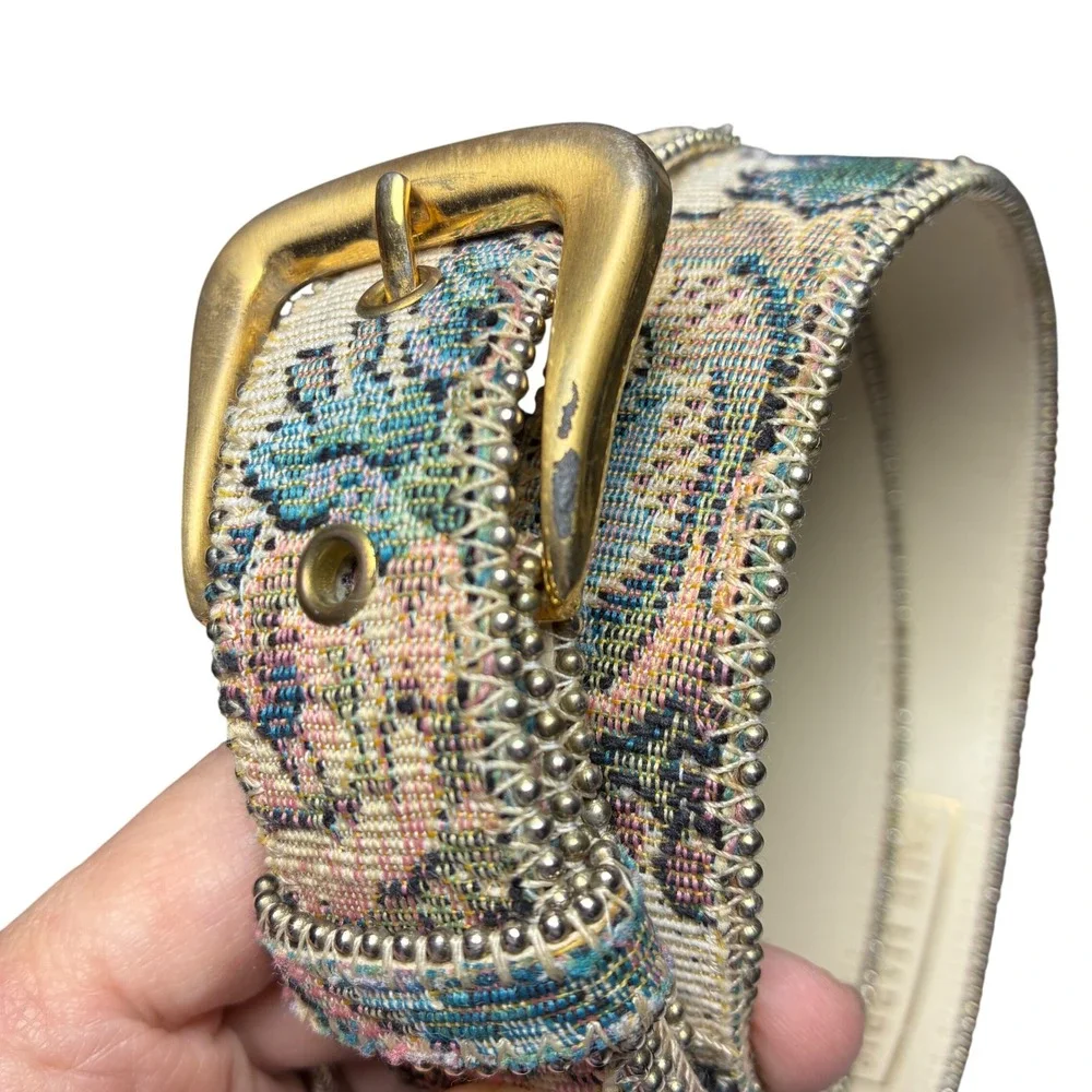 Paul Harris Tapestry Floral Belt Ball Chain Gold Buckle Boho Western M L